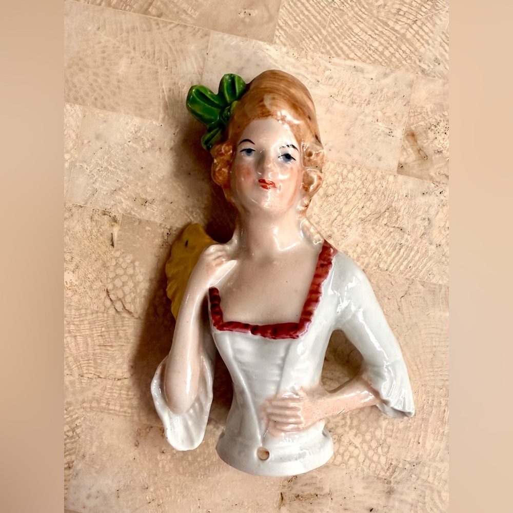 Antique Victorian Half Doll‎ Pin Cushion Germany Porcelain Woman with Fan 1900s
